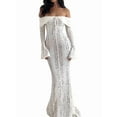 thumbnail image 3 of Women Elegant Off Shoulder Lace Bodycon Maxi Dress Bell Sleeve Mesh Sheer Mermaid Wedding Party Dress White L, 3 of 9