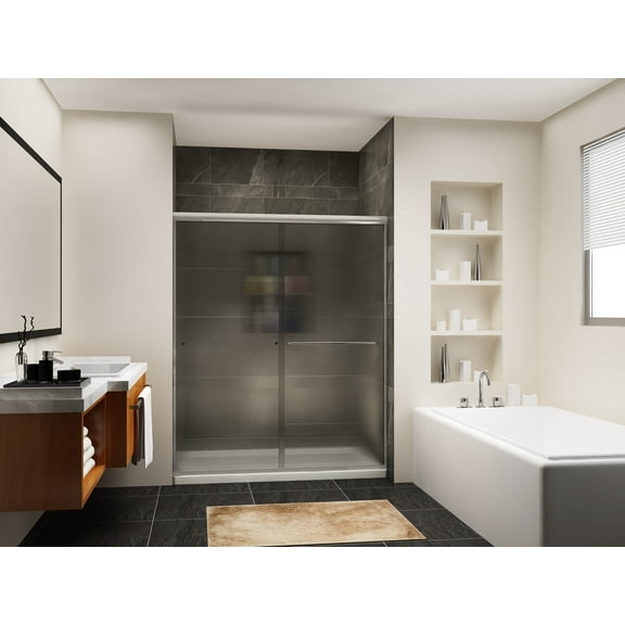 Sunny Shower Double Sliding Semi-Frameless Shower Door with Frosted Glass in Brushed Nickel Finish