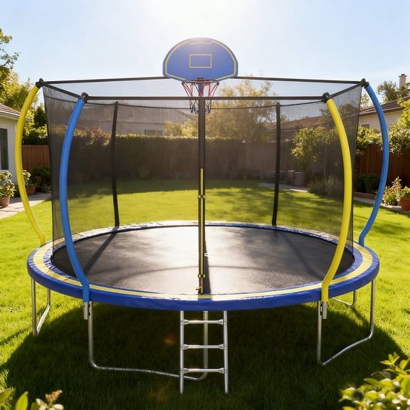Outdoor Trampoline for Kids, 12FT Upgraded Trampoline Curved Anti-Collision Design, Round Trampoline W/ Enclosure & Hoop, Large Load-bearing for 6-8 Kids
