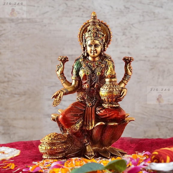 Zig Zag Goddess Lakshmi Idol Statue Laxmi Devi Murti Showpiece for Pooja Room, Temple, Diwali Decoration Gifts for Family & Friends (Multicolour 7 inches)