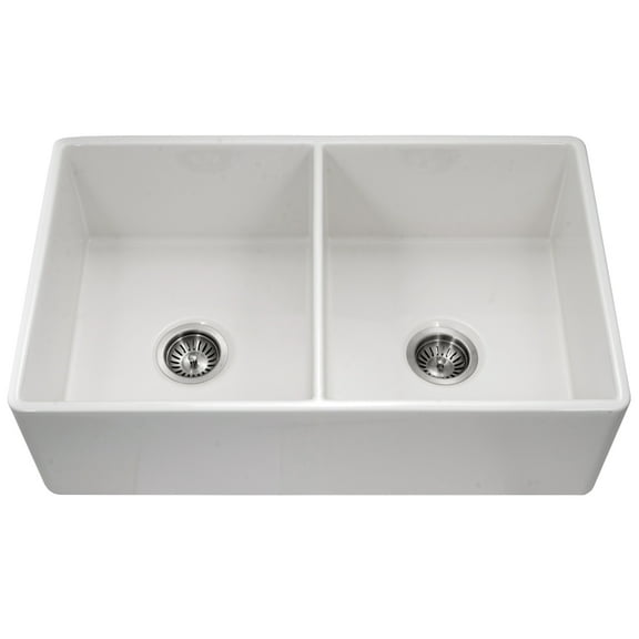 Houzer Platus 33 in White Fireclay Apron Front Farmhouse 50/50 Double Bowl Kitchen Sink - PTD-4400 WH