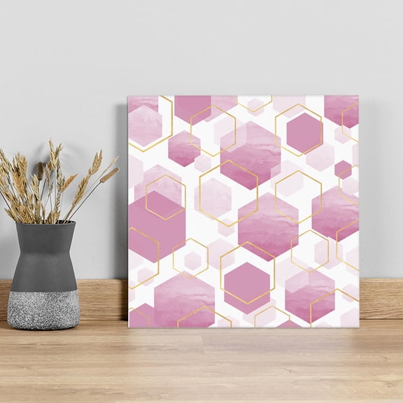 Pink Marble Wall Art Painting on Canvas, Gold White Geometric Hexagon Modern Canvas Art Home Prints Wall Art Framed Modern Artwork for Living Room Bedroom Wall Decor 16x16in