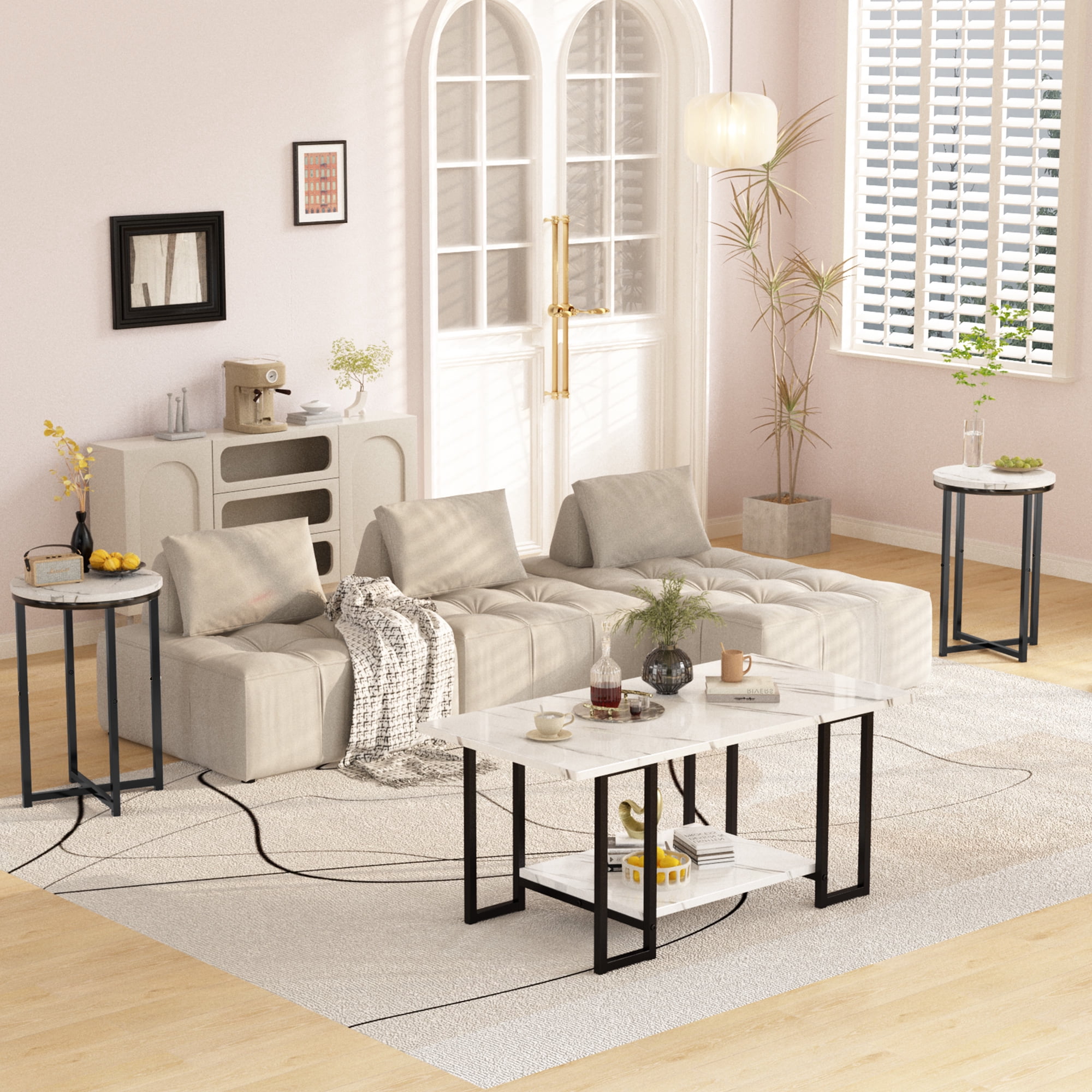 Baxluxe Coffee Table Set of 3, Faux Marble Coffee Table with 2 Round End Side Tables, Modern Living Room Table Set with Metal Frame for Apartment Home Office Small Place, White