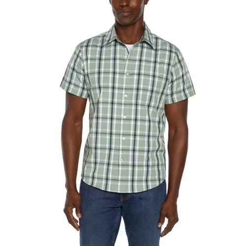 Gap Men's Short Sleeve Poplin Shirt, Plaid Green, XXL