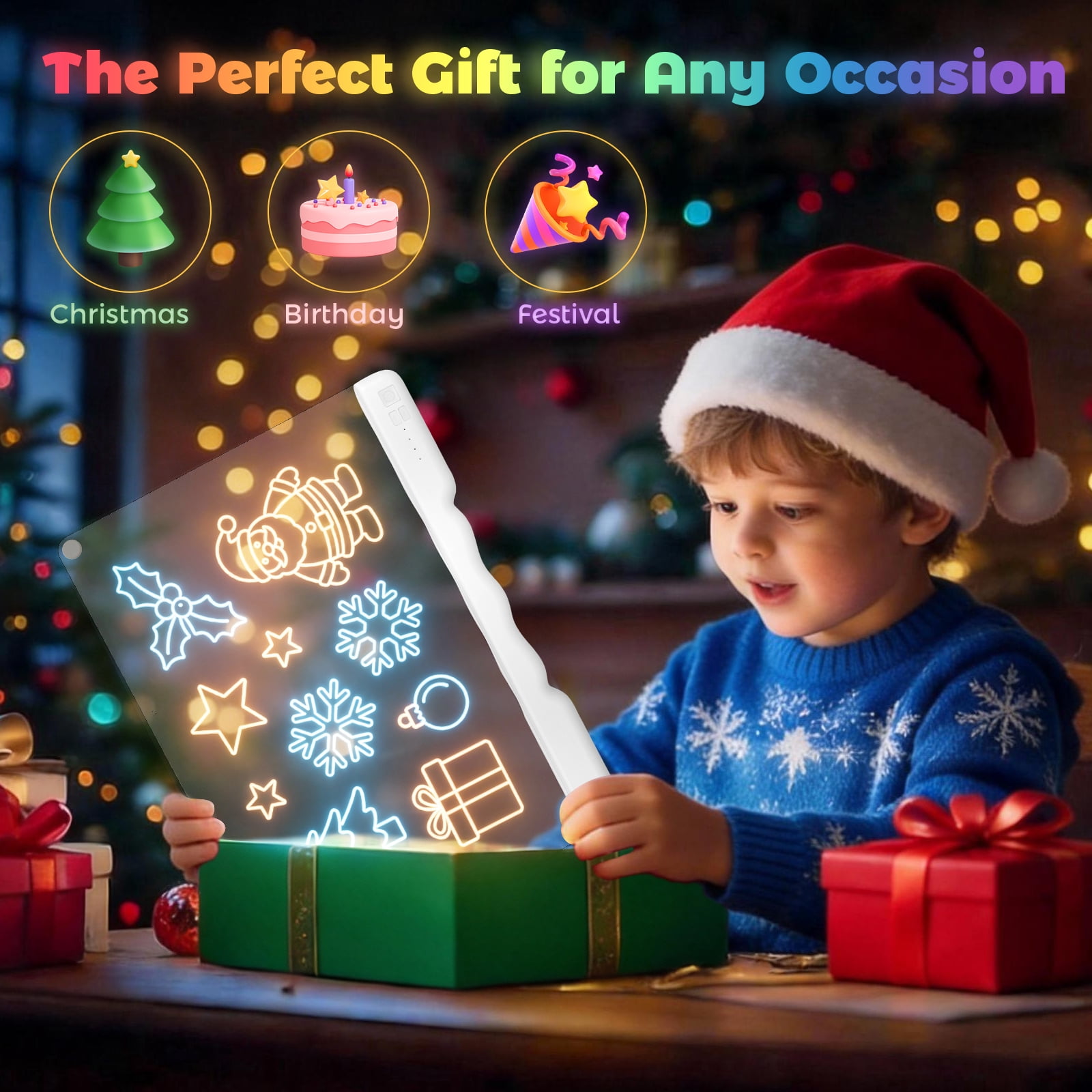 LED Note Board with 7 Color Light Modes, 16-Inch Rechargeable Neon Glow Art Dry Erase Light Up Drawing Pad with Built-in Stand for Kids, Sketching Gift Toy for Teens, 7 Markers