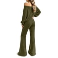 thumbnail image 5 of VISALY Women Two Piece Outfit Sets Off Shoulder Long Sleeve Knit Sweatshirts Sweater Loose Fit Flared Pants Casual Athleisure Sweatsuit Trendy Lounge Travel Workout Matching Tracksuit Army Green L, 5 of 9