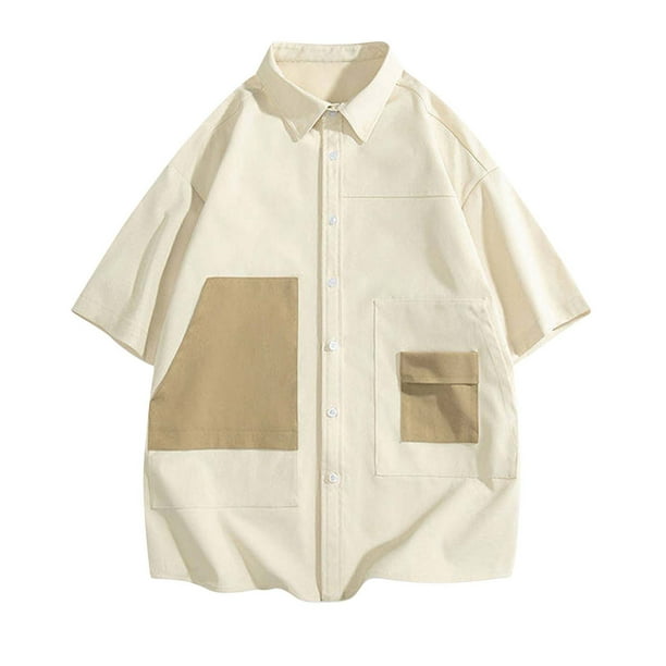 Blusa y camisa de manga corta con cuello vuelto para hombre, informal, de color liso, con botones, bolsillo, solapa para exteriores, camisa de manga larga a la moda, blusa para hombre