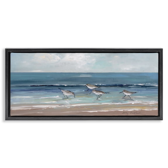 Stupell Industries Coastal Sandpipers with Cloudy Sky Black Floating Frame Canvas Art, 25 x 11, by Sally Swatland