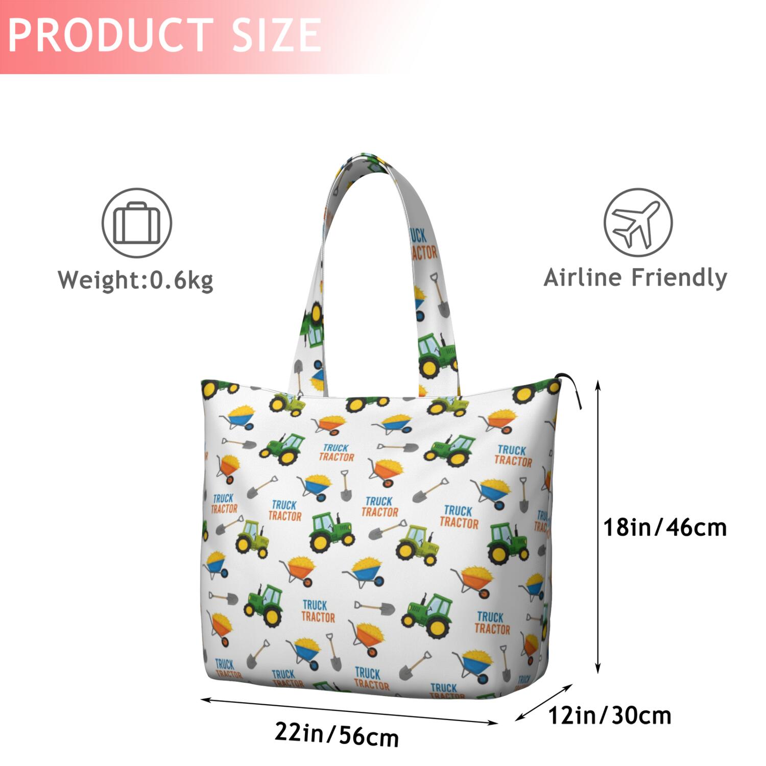 Cartoon Tractors Wheelbarrows White Pattern Travel Tote Bags for Women Carry On,Large Weekender Bags for Women Travel,Multi Functional Duffle Bag for Work,Shopping,Sports