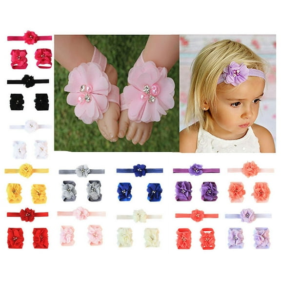 Yoyauz Baby Girl Flower Headband Barefoot Sandal Set Baby Hair Ornament Pearl Flower Headband Foot Strap Hair Ornament is suitable for newborns and toddlers