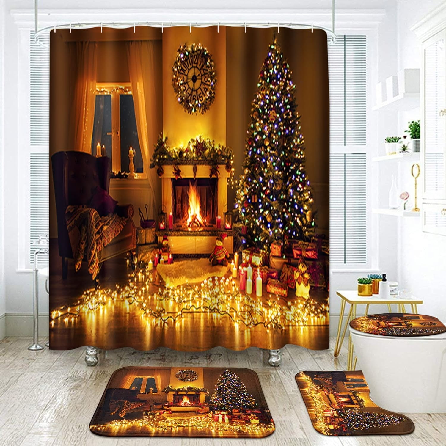 KXMDXA Merry Christmas Christmas Fire Tree Fireplace 4 Piece Bathroom ...