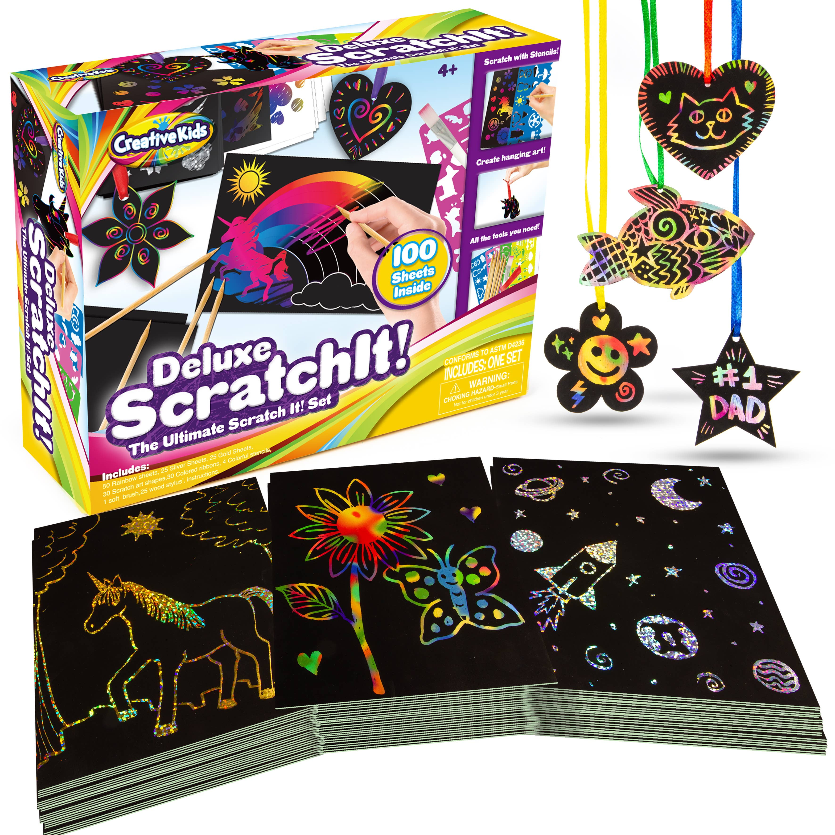 Creative Kids Rainbow Scratch Paper Craft Set - 185 Pieces Scratch Paper  Art Kit - Black Scratch Off Pad - Magic Scratchboard Sheets, Stencils -  Great Family Activity - Gift for Girls and Boys 4+ 