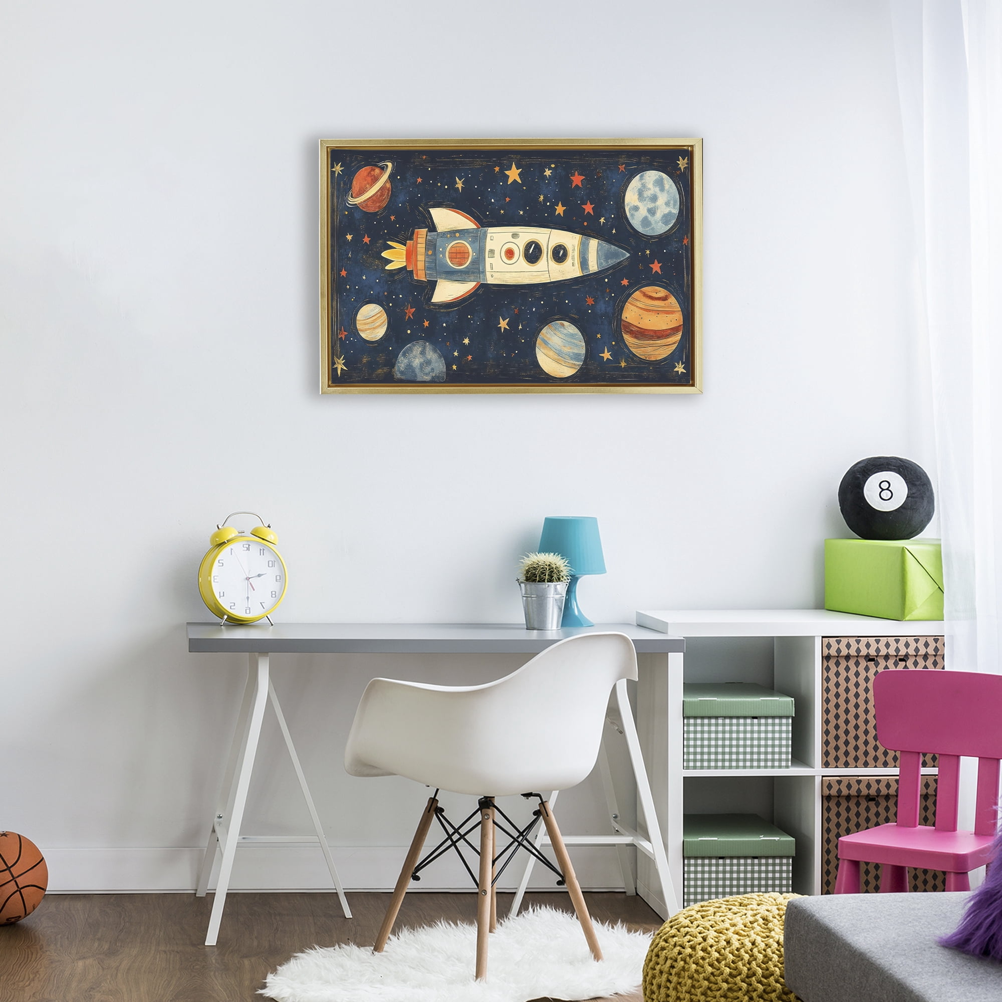 Stupell Industries Retro Rocket & Planets Gold Framed Floater Canvas Wall Art, design by Creative Studio