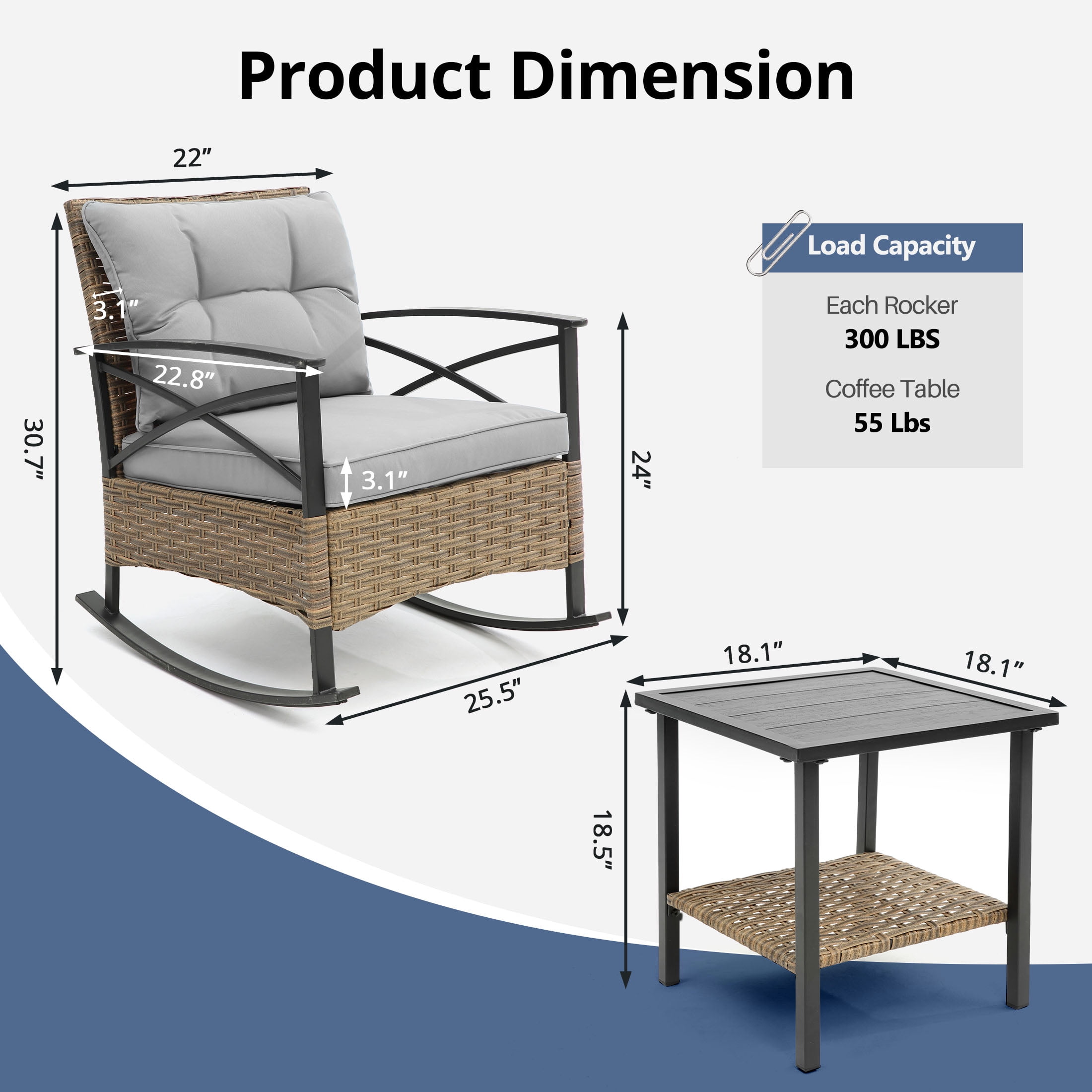 Enyopro 3-Piece Patio Furniture Set, Outdoor Wicker Conversation Set with Coffee Table, All-Weather Rattan Chairs & Cushions, Modern Patio Seating for Garden, Balcony, or Backyard, Gray