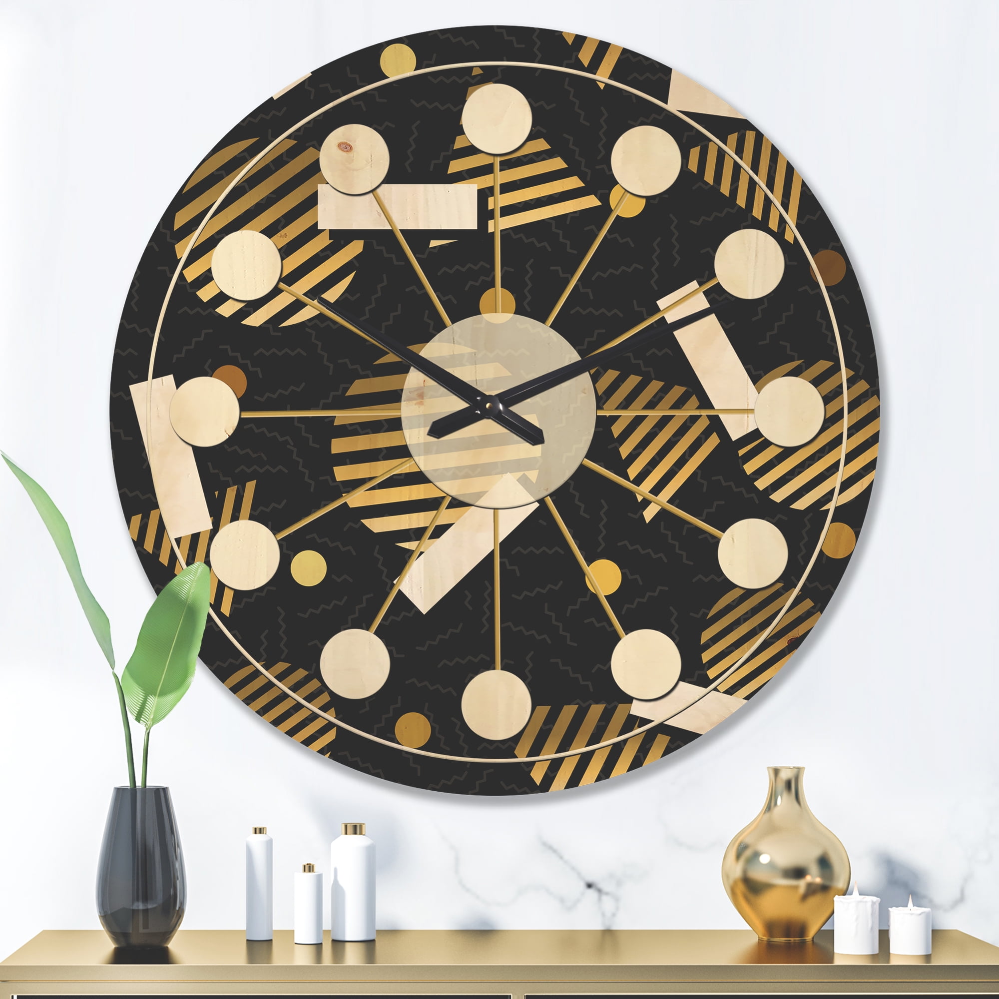 Designart 'Gold Circular Retro Pattern' Mid-Century Modern Wood Wall Clock