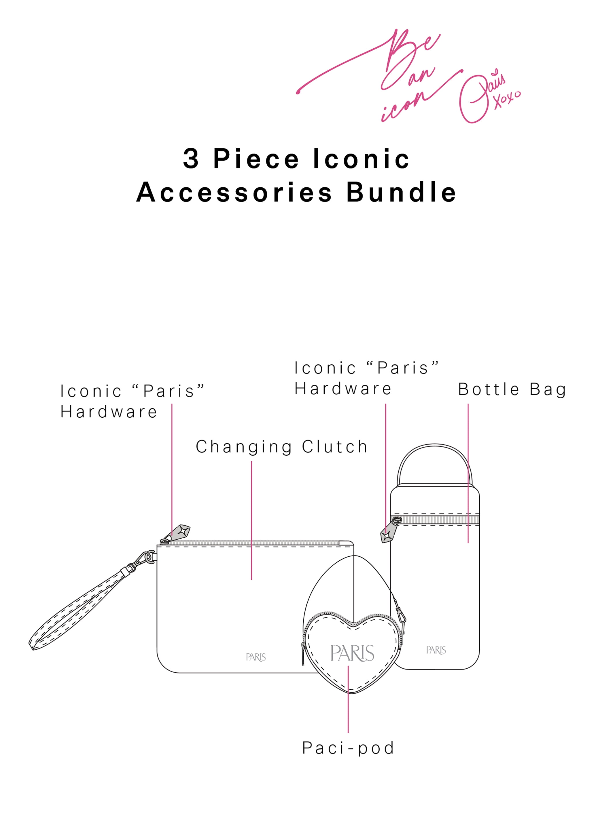 Paris Hilton Pink Chic Accessory Bundle – Iconic Hardware, Changing Clutch, Bottle Bag & Paci-Pod for Stylish Moms