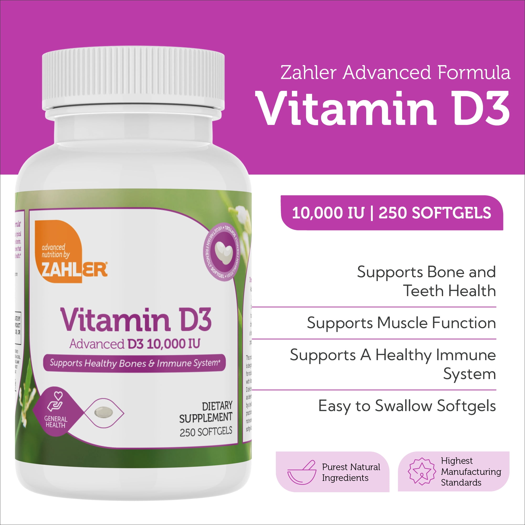 Zahler Vitamin D3 10,000 IU 250 mcg, 250 Softgels, Advanced D3 Formula, Immune Support, Bone Health, Vitamin D Supplement