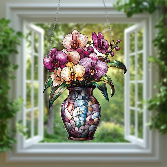 Orchid Flower Window Hanging, Stained Glass Style Car Decoration, Elegant Sun Catcher Gift for Mom or Dad, Floral Home Decor, Unique Ornament, Beautiful Mother's Day or Father's Day Gift