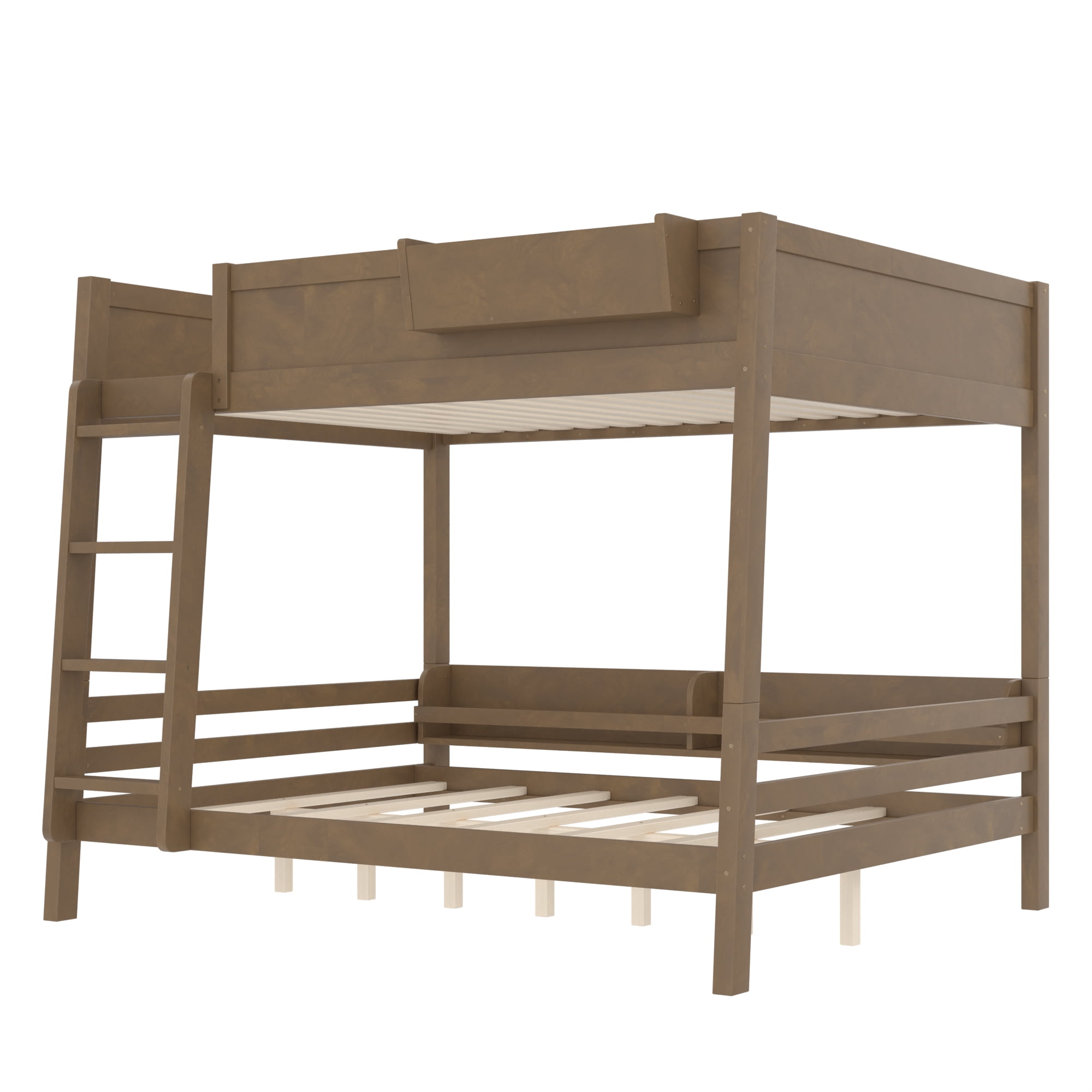 Mintazer Queen Over Queen Detachable Bunk Bed with Storage Shelf and Bookshelf, Modern Convertible Bunk Bed with Ladder and Guardrails for Bedroom Guest Room, Vintage Brown