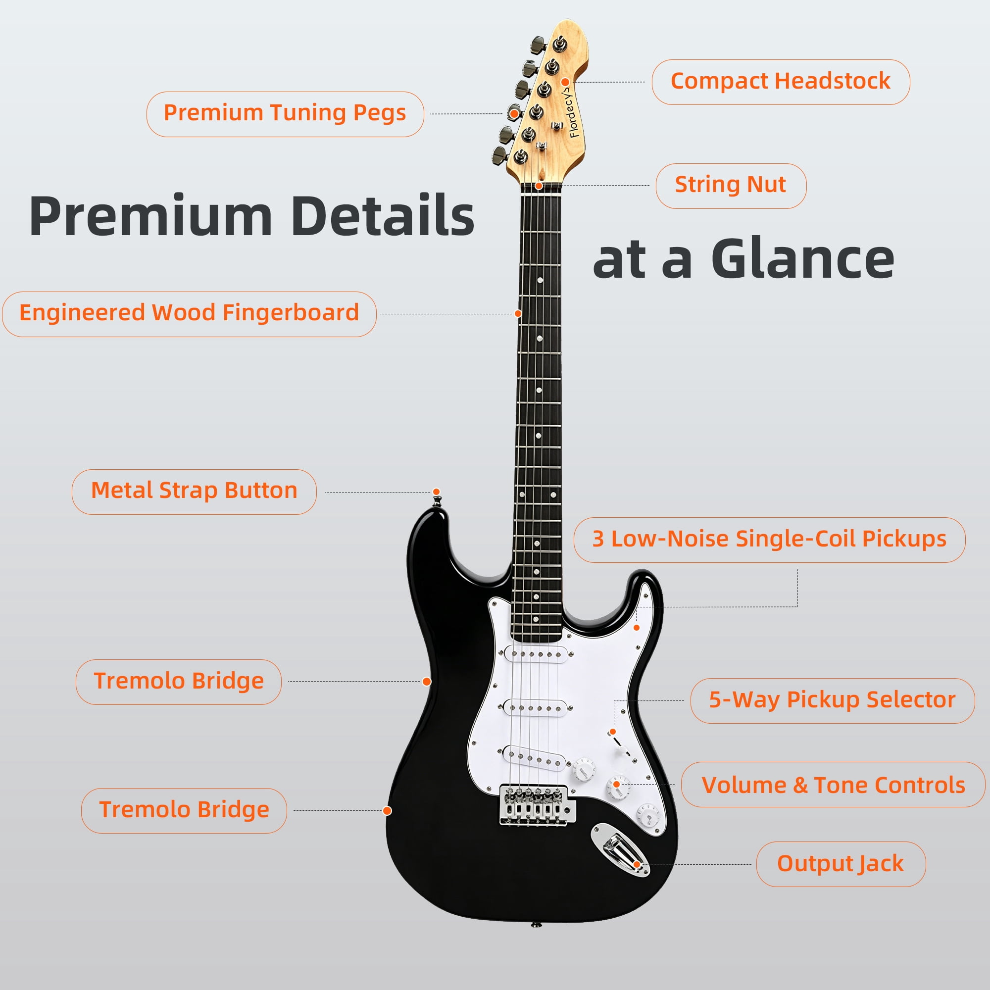Flordecy's  39 inch Electric Guitar Beginner Kit for Adults, Solid Wood ST Body S-S-S Pickups with Accessories, Black