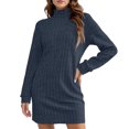 thumbnail image 2 of Women's Sweater Dress Knit Dress Long Sleeve Turtleneck Brushed Striped Mid Length Comfortable Dress for Spring Fall,Dark Blue,2XL, 2 of 5