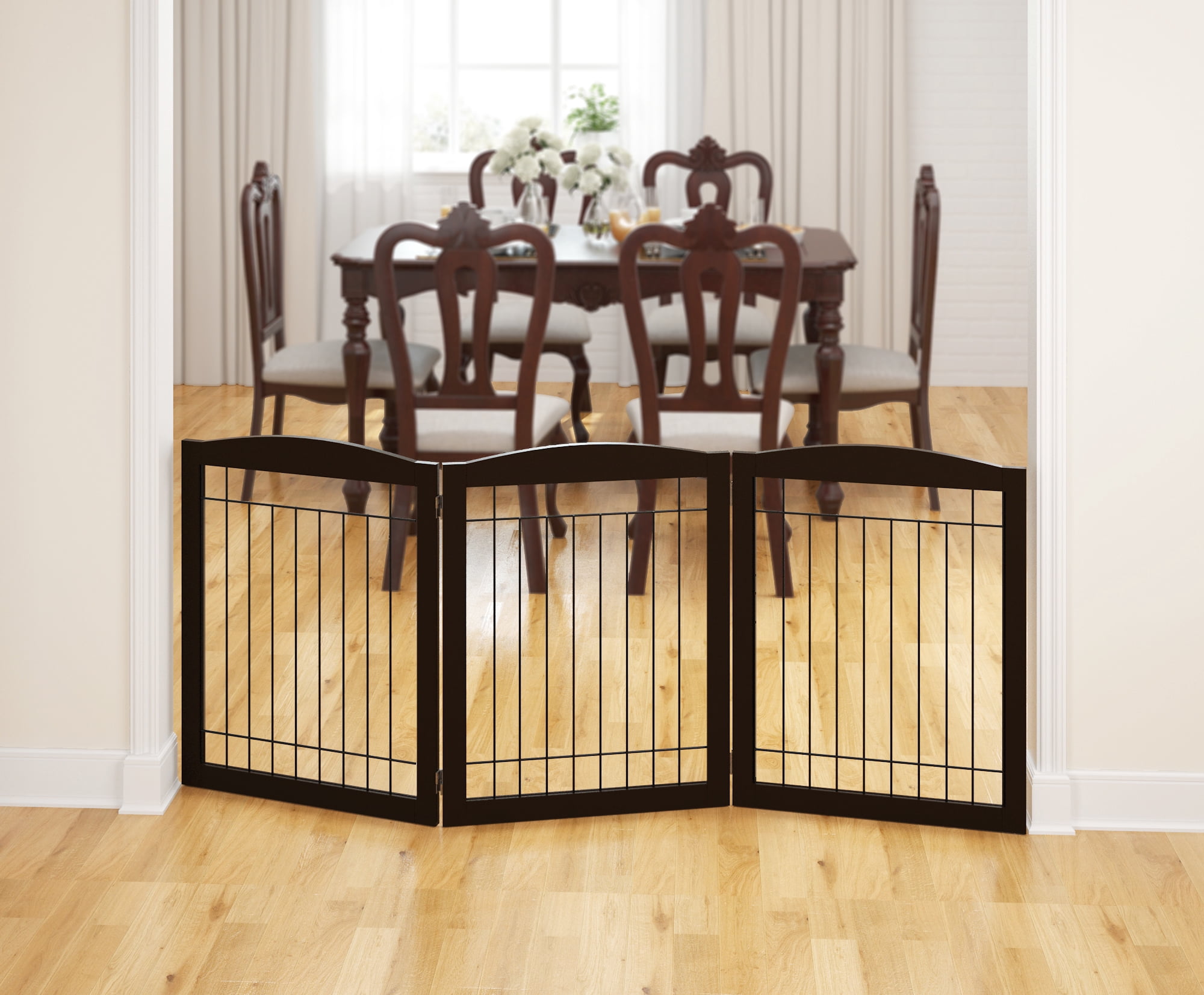 STAROUS Wooden Freestanding Wire Pet Gate for Dogs, 3 Panel Step Over Fence, Dog Gate for The House, Doorway, Stairs, Extra Wide Tall Pet Safety Fence (Espresso, 30" Height-3 Panels)