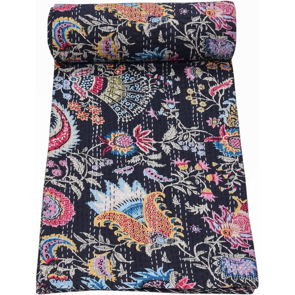 Indian Hand Stitched Pure Cotton Mukut Print Kantha Quilt Kantha Blanket