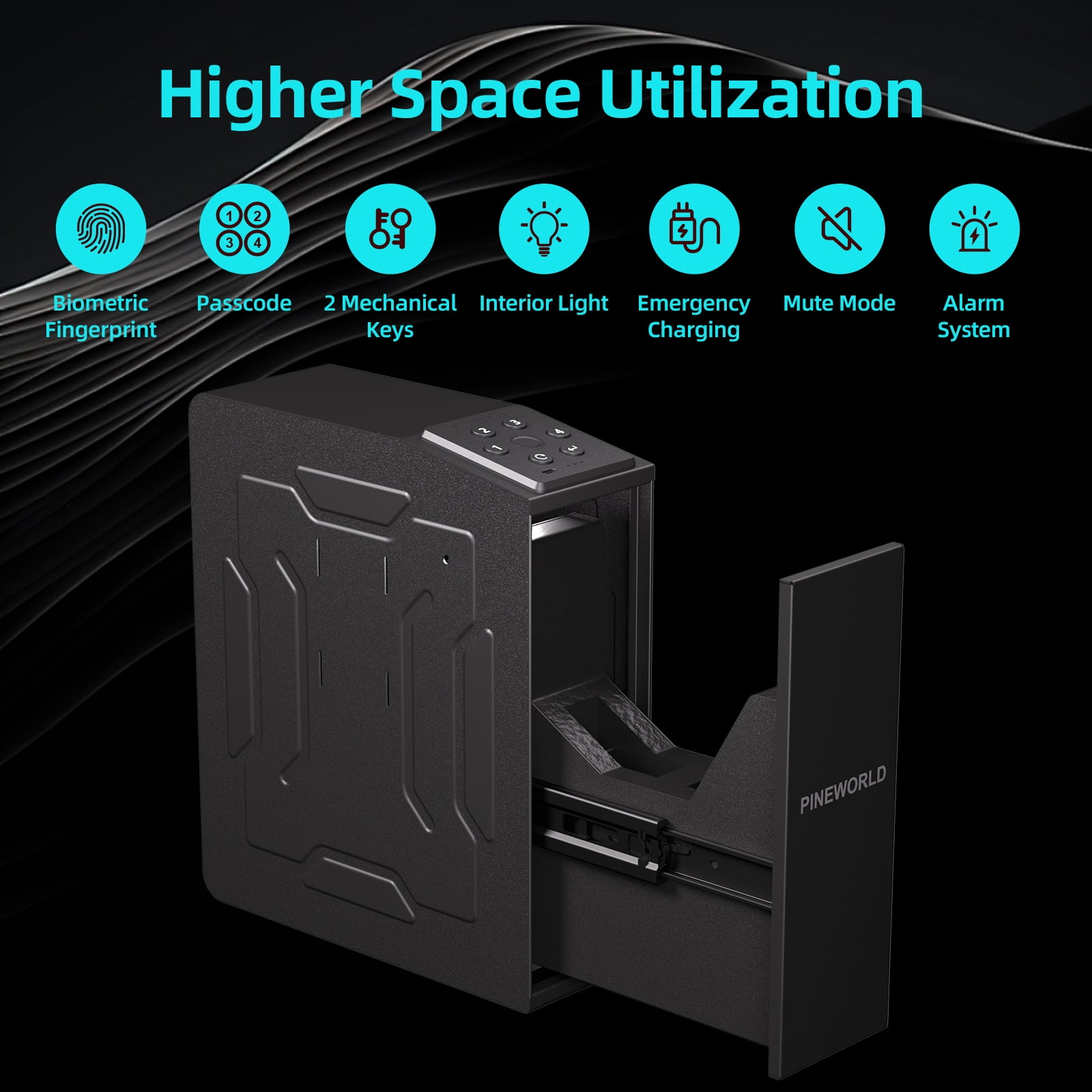 PINEWORLD Gun Safe For Handgun, Biometric Slider Bedside Handgun Safe, Pistol Lock Case for Nightstand,Sliding Door Hand Gun Safe for Pistol -with 3 Quick Access Fingerprint, PIN Code, KEY