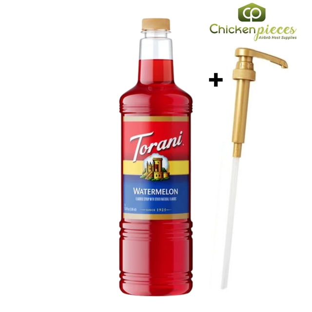 Torani Watermelon Flavoring Syrup, Professional Refreshing Summer Base, Shatter-Resistant 1L Plastic Bottle + Bonus Squeeze Pump