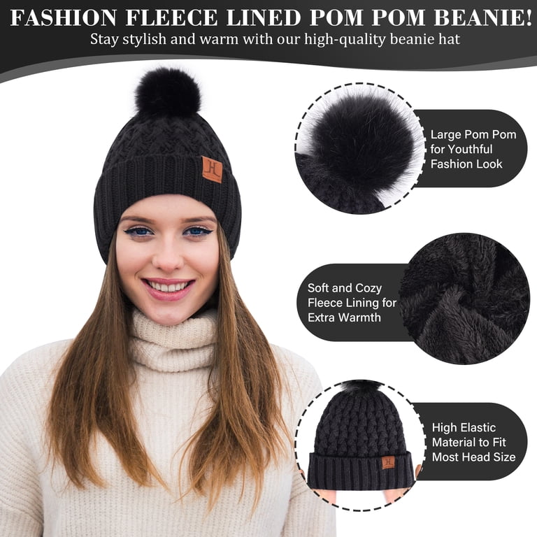 Women winter hat scarf gloves set fleece lined knit stylish gift warm Winter Hat Gloves Scarf Set for Women, Beanie Warm Knit Pom  main image 2