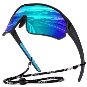 LINVO Polarized Sport Shield, Blue Mirrored Wraparound