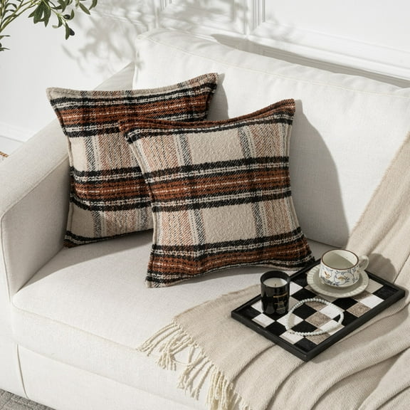 MAGOLIFE Set of 2 18x18 In Brown Tweed Loop Yarn Scottish Tartan Buffalo Plaid Throw Pillow Cover Farmhouse Holiday Decorative Retro Classic Cushion Pillow Case For Living Room Couch Bed Sofa Home