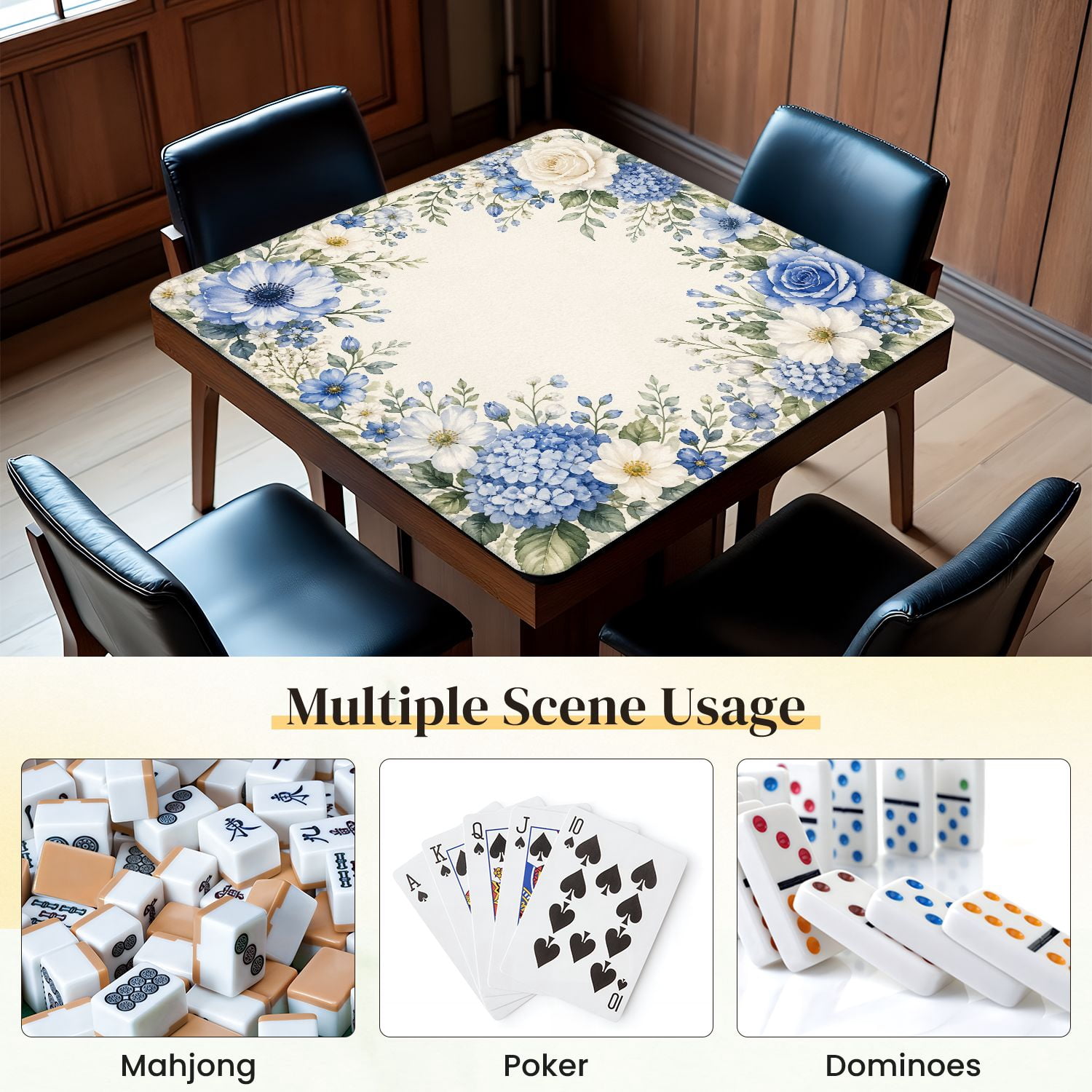 Mahjong Mat 31.5" x 31.5" Blue White Floral Watercolor Frame Roses Hydrangeas Anemones Non-Slip Noise Reduction Mahjong Tiles Table Cover for Dominoes Poker Card Board and Tile Games