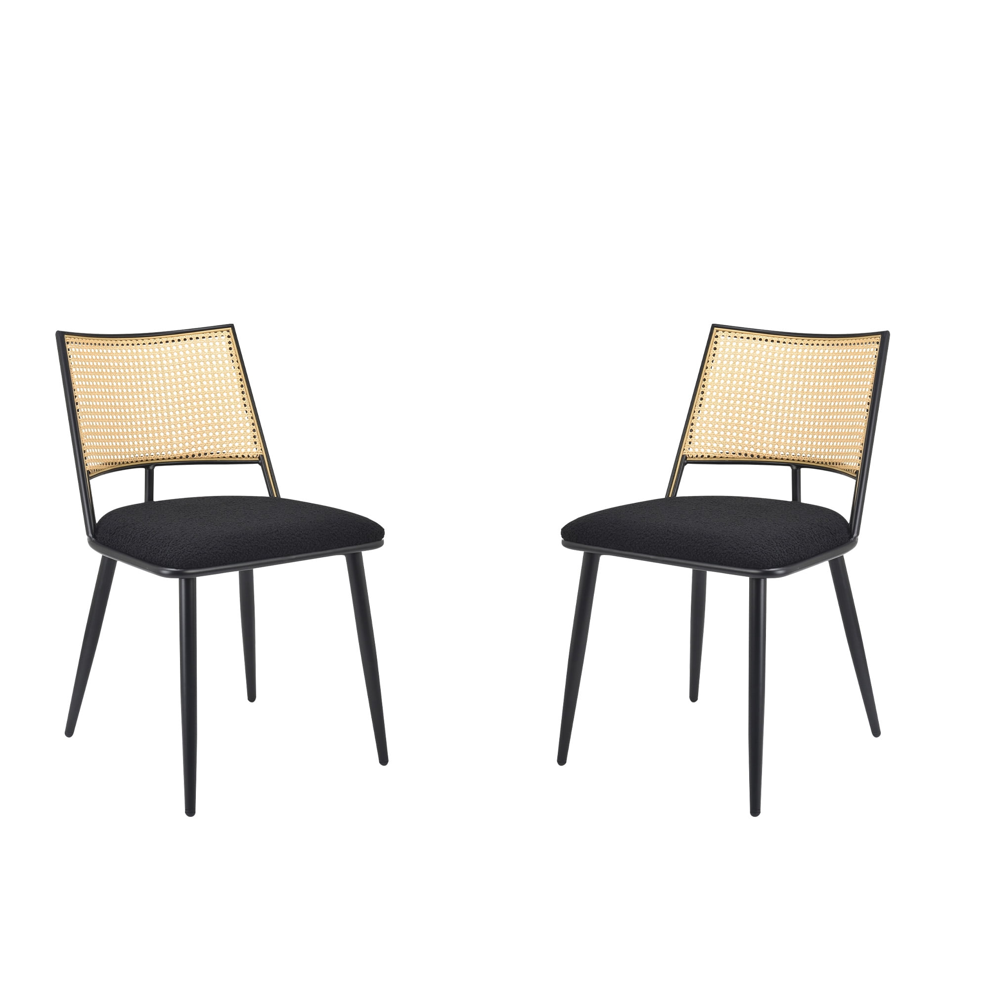 MAYEERTY Black Dining Chairs Set of 2, Rattan Backrest, Metal Frame, Boucle Upholstery for Living Room