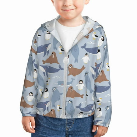 

Qekee Seal Fox Seagull Whales Print UPF 50+ Kids Sun-Protective Hooded Long Sleeve Rash Guard for Fishing Water Beach Sports -2 Years