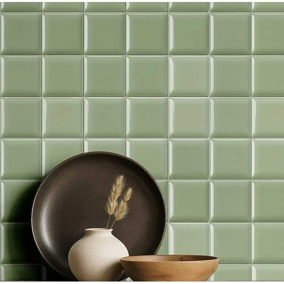 S4Sassy Self Adhesive Wallpaper, Raised Tile Print Wallpaper, Green Removable Diy Vinyl Tile Pattern Wall Covering, Plain Peel And Stick Contact Paper For Entryway, Kitchen Backsplash(25"X120")