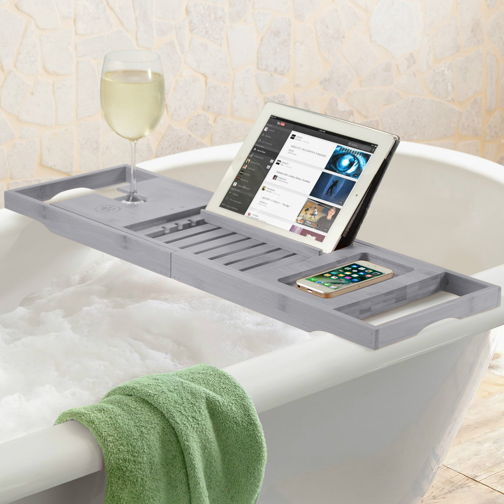 Bathtub Caddy with Extendable Sides, Wine Glass Holder, Book Stand and Phone Tray