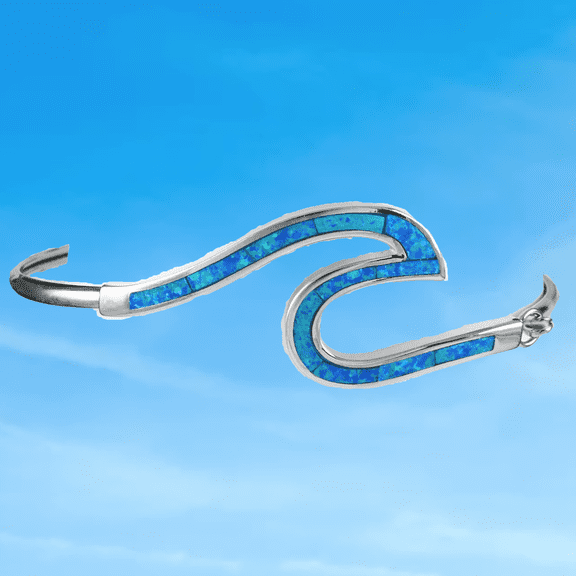 Unique Gorgeous Large Hawaiian Blue Opal Ocean Wave Bangle Bracelet, Sterling Silver Blue Opal Ocean Wave Bracelet, B3345A Birthday Mom Gift