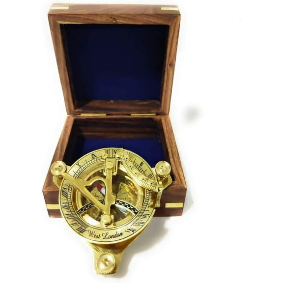 5" Sundial Compass Solid Brass Sun Dial (with Wooden Box)