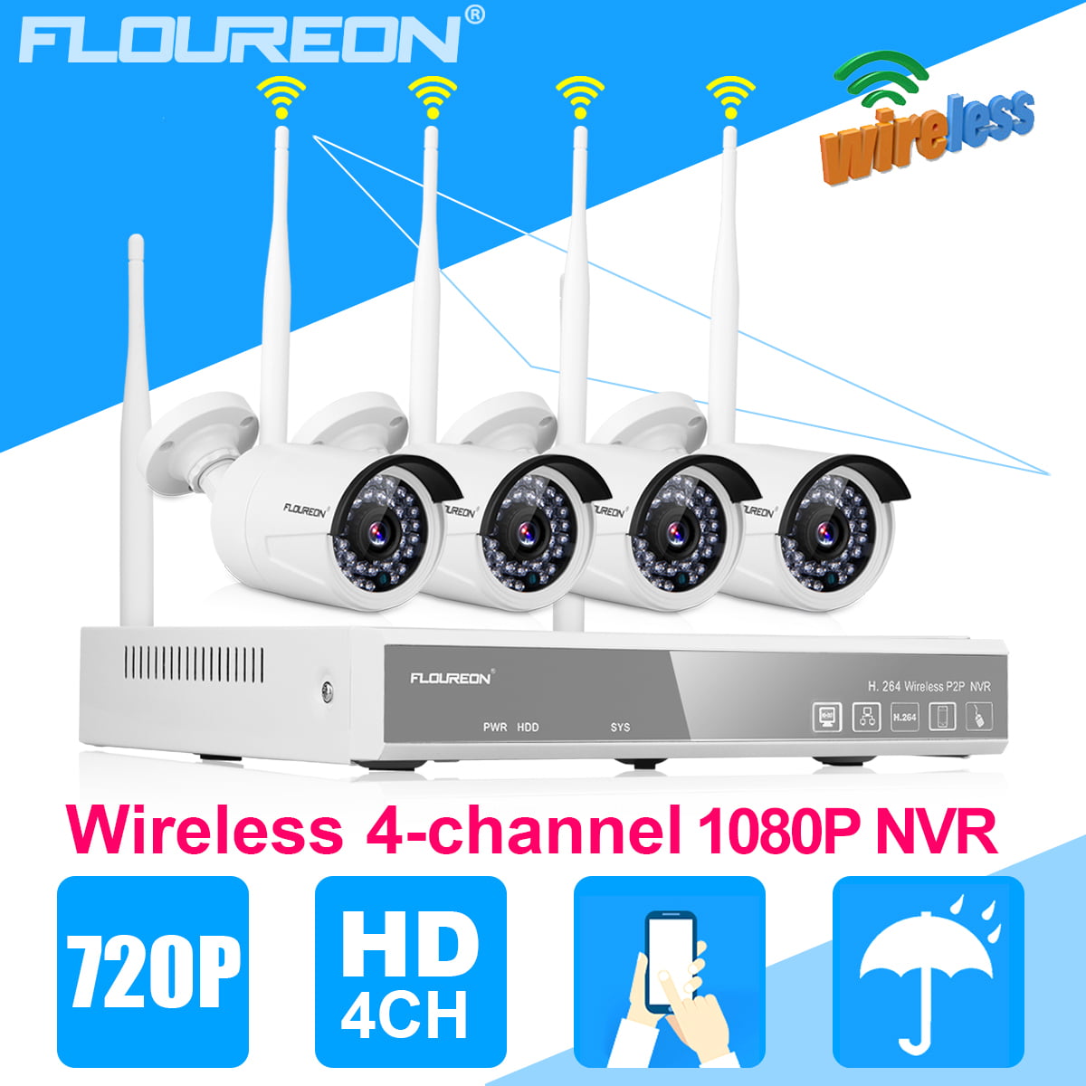 4CH Wireless CCTV 1080P DVR Kit Outdoor Wi-fi IP Camera Security NVR System P2P 