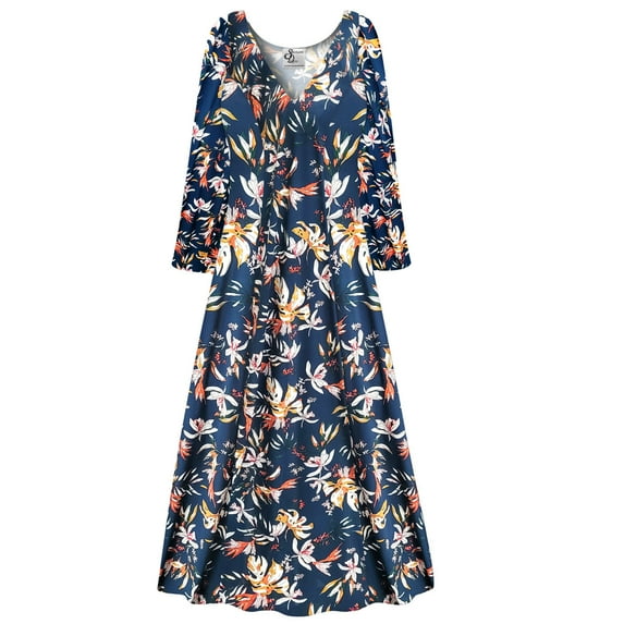 Plus size 2x Extra Tall Womens Dress Midnight Blue Magnolia Long Sleeve Low V-Neck Princess Cut