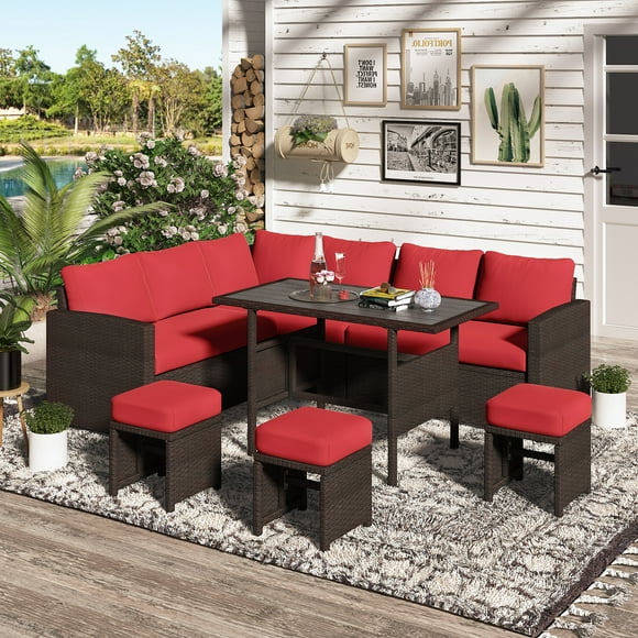 YODOLLA 7 Pieces Outdoor Patio Furniture Sets,All Weather Wicker Sectional Sofa Couch Dining Table Chair with Ottoman (Brown Rattan&Red Cushion)