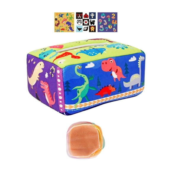 Caja de pañuelos para bebés Sensory Pull Along Caja de pañuelos para bebés Toallas de mano de juguete sensorial Toallas de mano para bebés Recién Dinosaurio Hugo juego sensorial