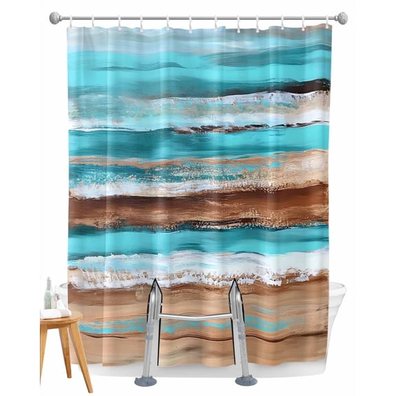 Split Shower Curtain for Transfer Bench, Turquoise Brown Fabric Shower Curtains for Bathroom, Abstract Wood Grain Gradient Stripes Tub Sliding Transfer Bench Waterproof Bath Curtains 72"x78"