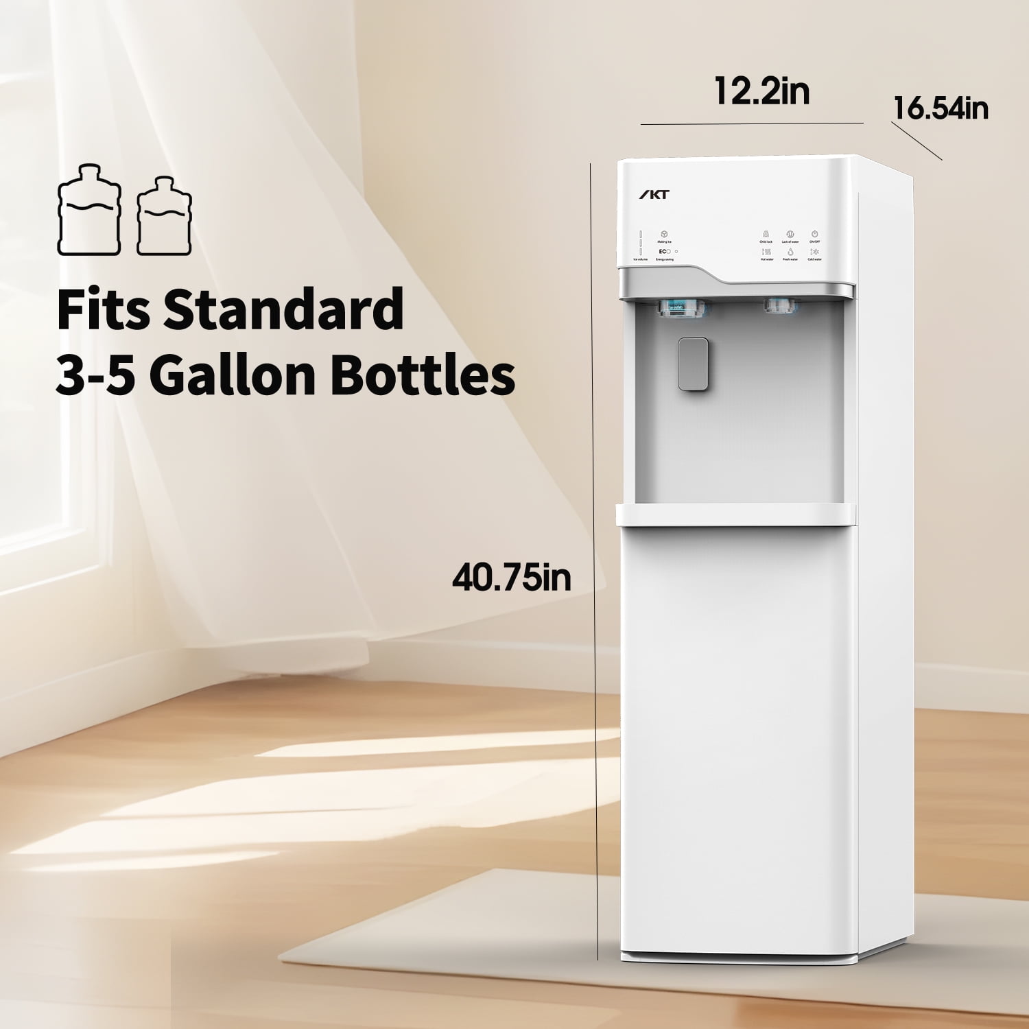 IKT Self Cleaning 5 Gallon Bottom Load Water Dispenser with Ice Maker ，22lbs Daily Capacity，3-Temp（Hot/Room/Cold），Child Safety，Lock Empty Bottle Light，White