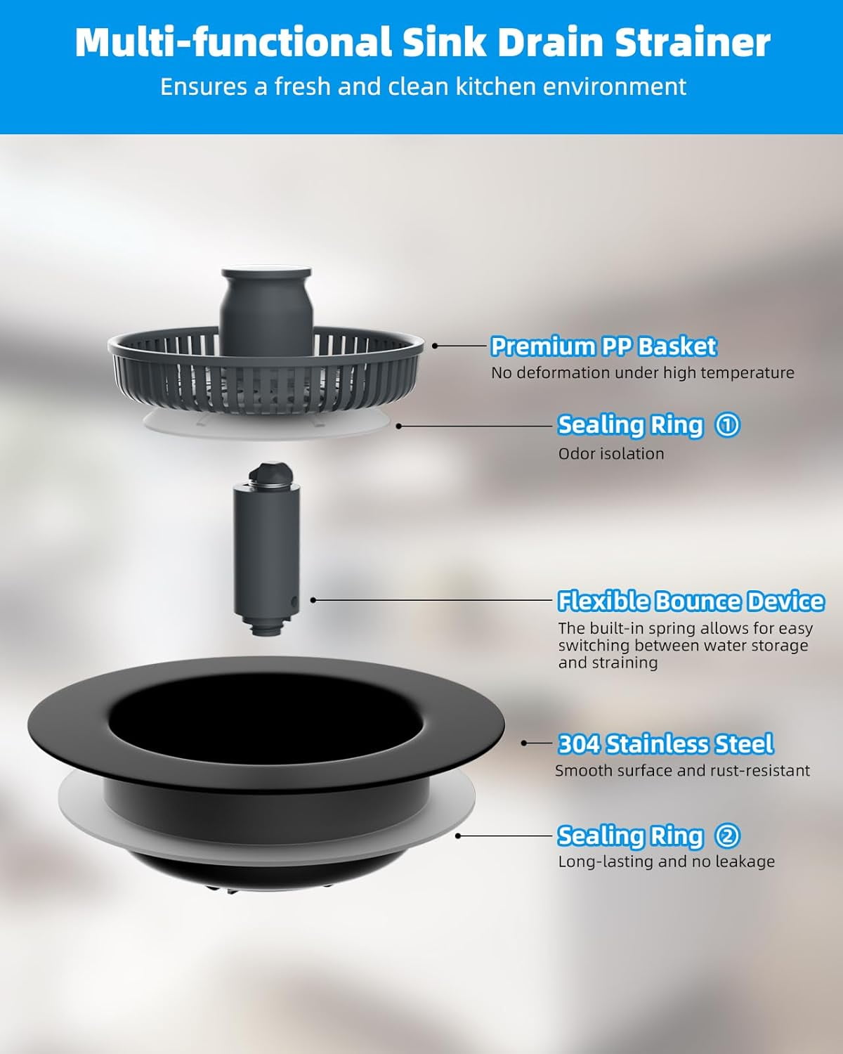 2 Pack 3 in 1 Kitchen Sink Drain Strainer and Stopper Combo, Stainless Steel Metal Pop Up Sink Stopper, Anti-Clogging Basket Strainer with Handle for US Standard 3-1/2 Inch Drain, Black