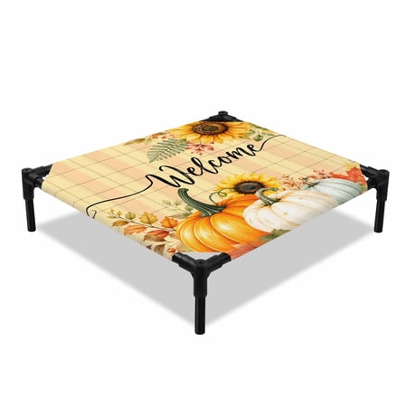 Welcome Fall Elevated Dog Bed Thanksgiving Pumpkin Sunflower Maple Leaves Orange Plaid Cooling Breathable Outdoor Raised Dog Cot Bed with Metal Frame Non-Slip Feet for Small Dog 20x20in
