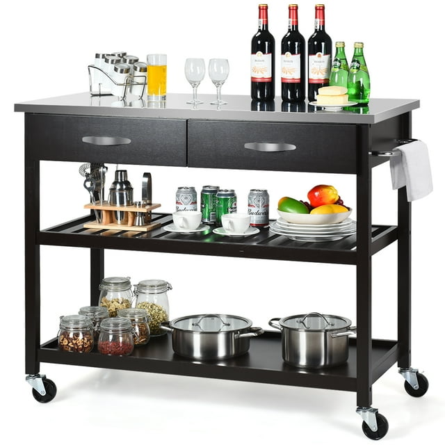 Costway Rolling Kitchen Island Trolley Cart Stainless Steel Countertop w/ Drawer & Shelf