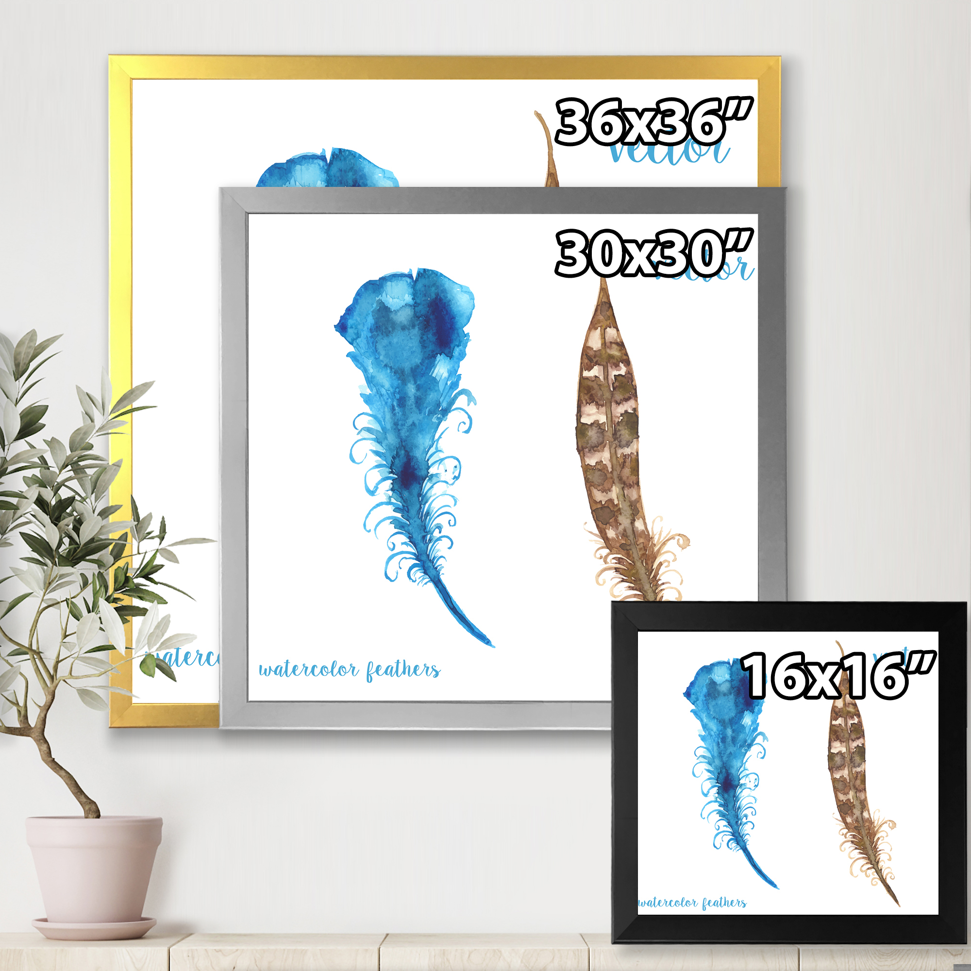 Designart 'Ethnic Boho Watercolor Feathers' Bohemian & Eclectic Framed Art Print