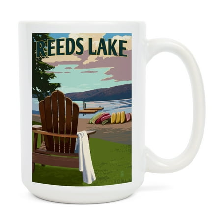 

15 fl oz Ceramic Mug Reeds Lake Michigan Adirondack Chairs and Lake Dishwasher & Microwave Safe